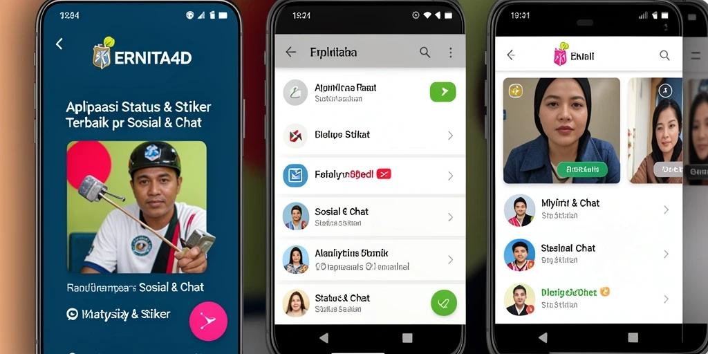 Antarmuka aplikasi ERNITA4D dengan stiker dan status yang menarik.
