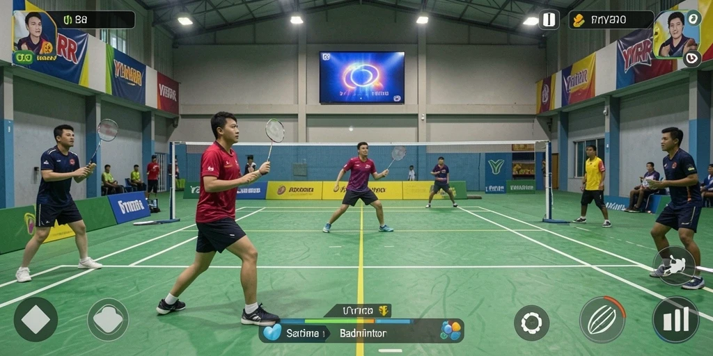 Tampilan antarmuka permainan Badminton yang menarik dan interaktif.